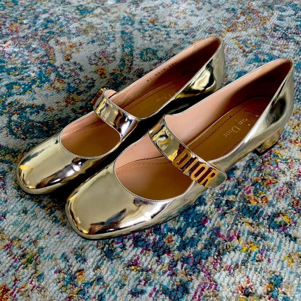 Dior Gold Mirror Finish, Leather, Mary Jane Baby Doll Shoes!